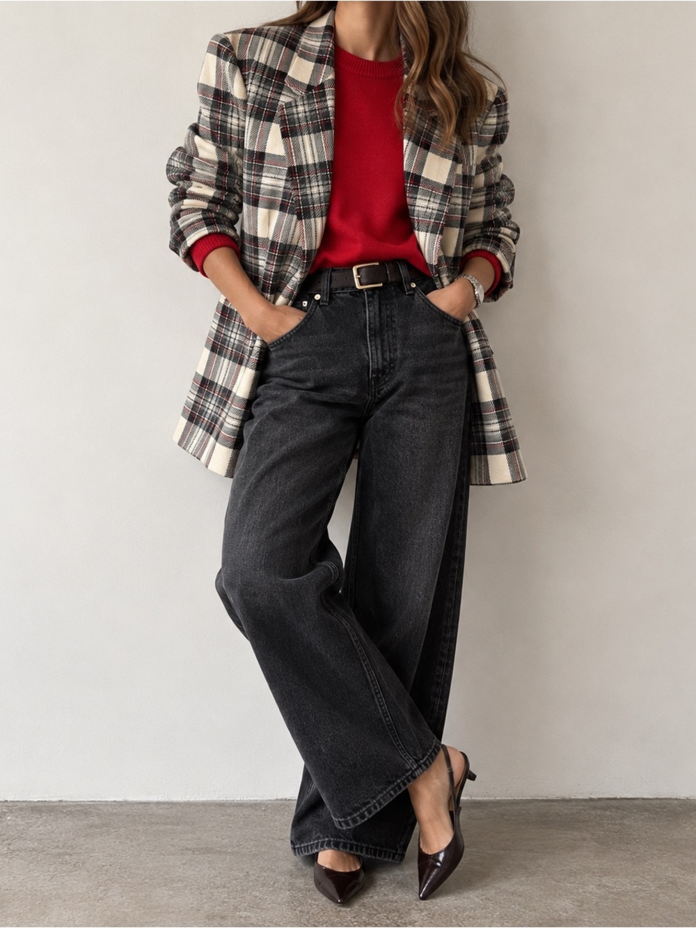Vintage 90s Wool Plaid Blazer Cream Black Red Oversized Women’s Size 8
